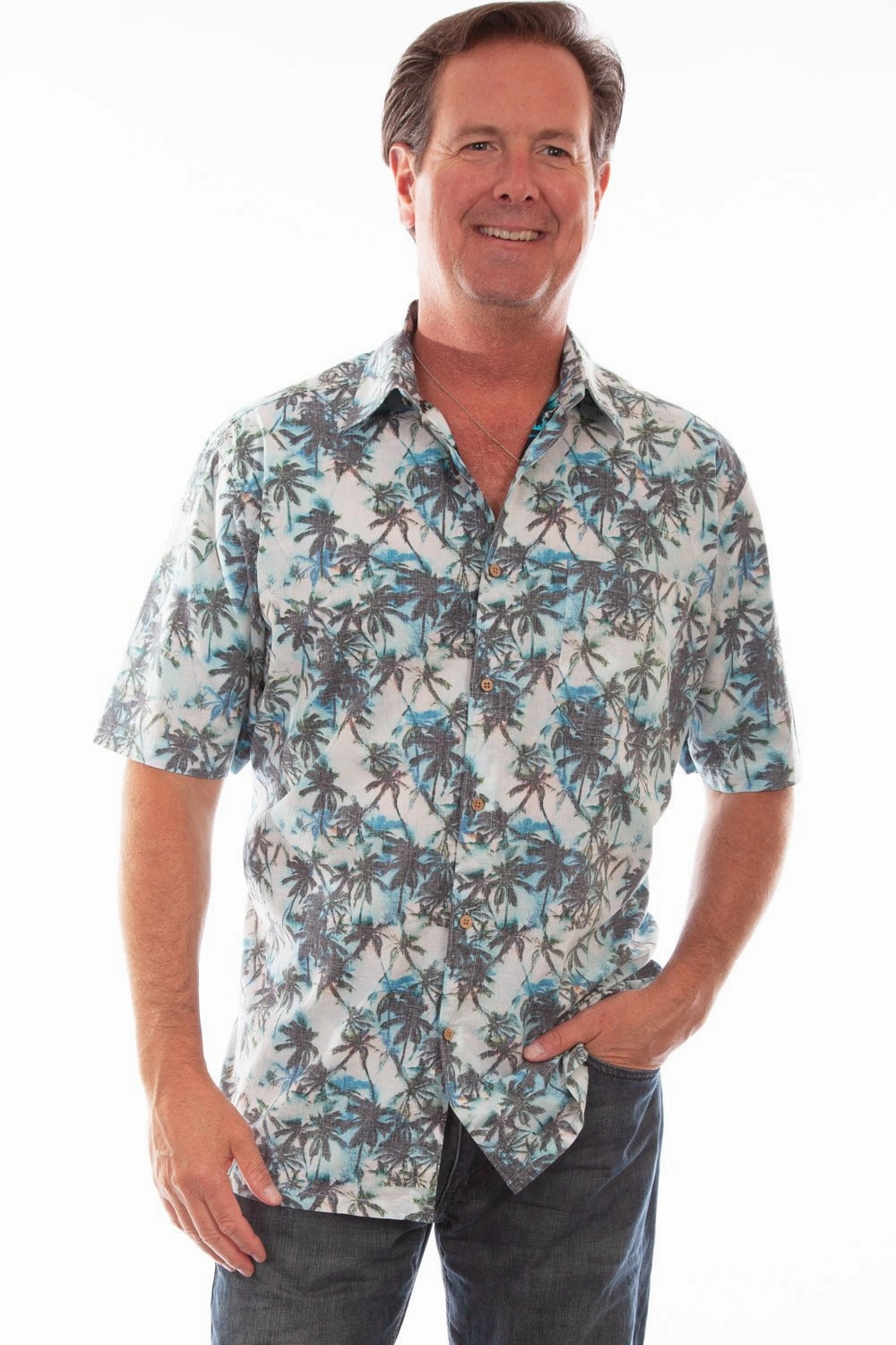 Embroidered Detail Fast Drying Scully Mens White/Turquoise 100% Cotton Palm Trees S/S Shirt