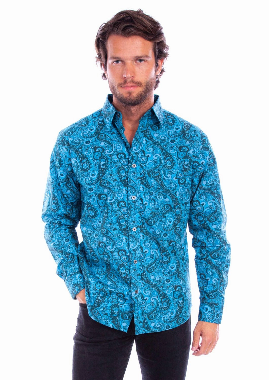 Sustainable Choice Scully Mens Worn Outs Paisley Aqua 100% Cotton L/S Shirt