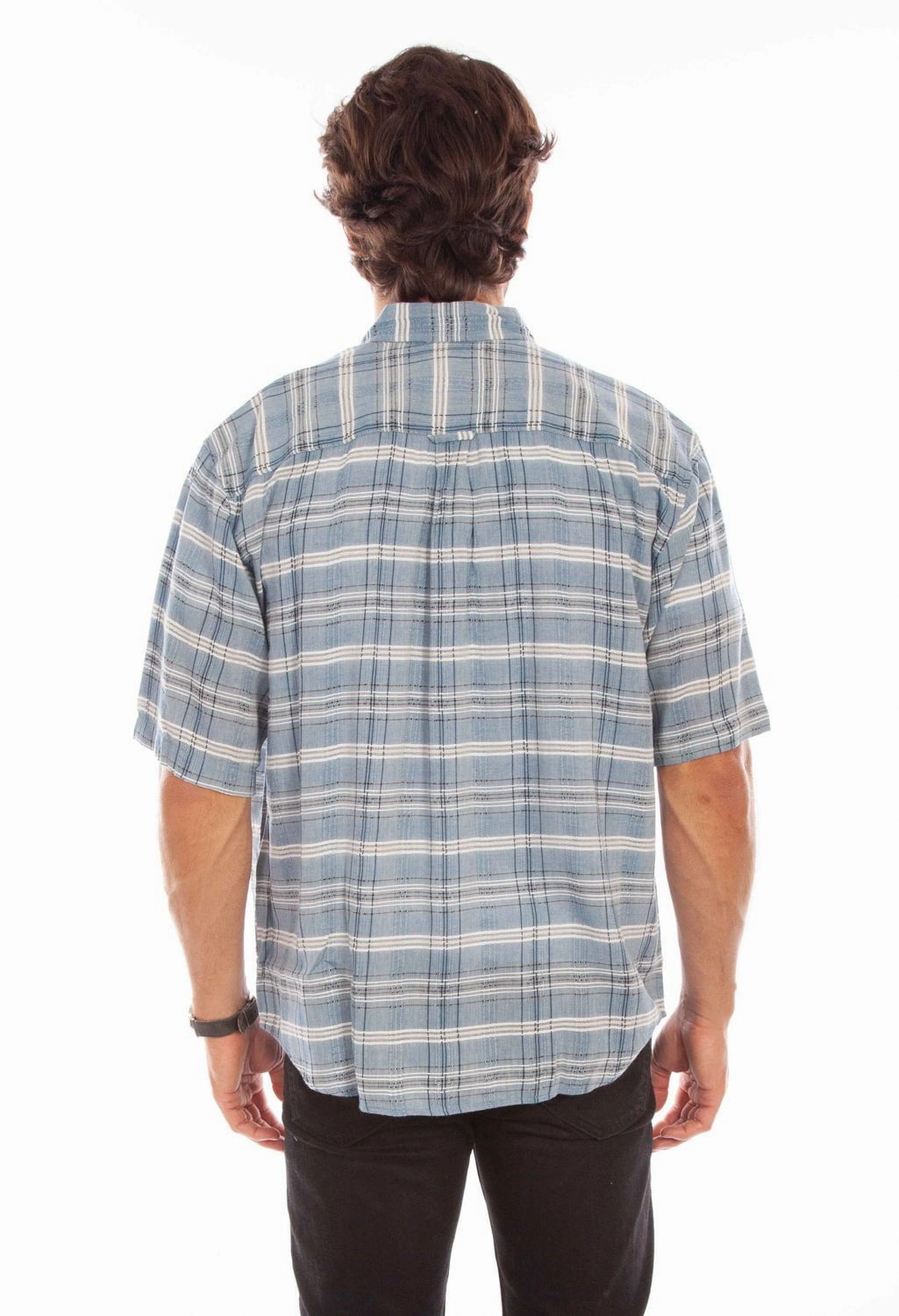Scully Mens Worn Outs Plaid Blue 100% Cotton S/S Shirt Smooth Seam Finish Designer Touch