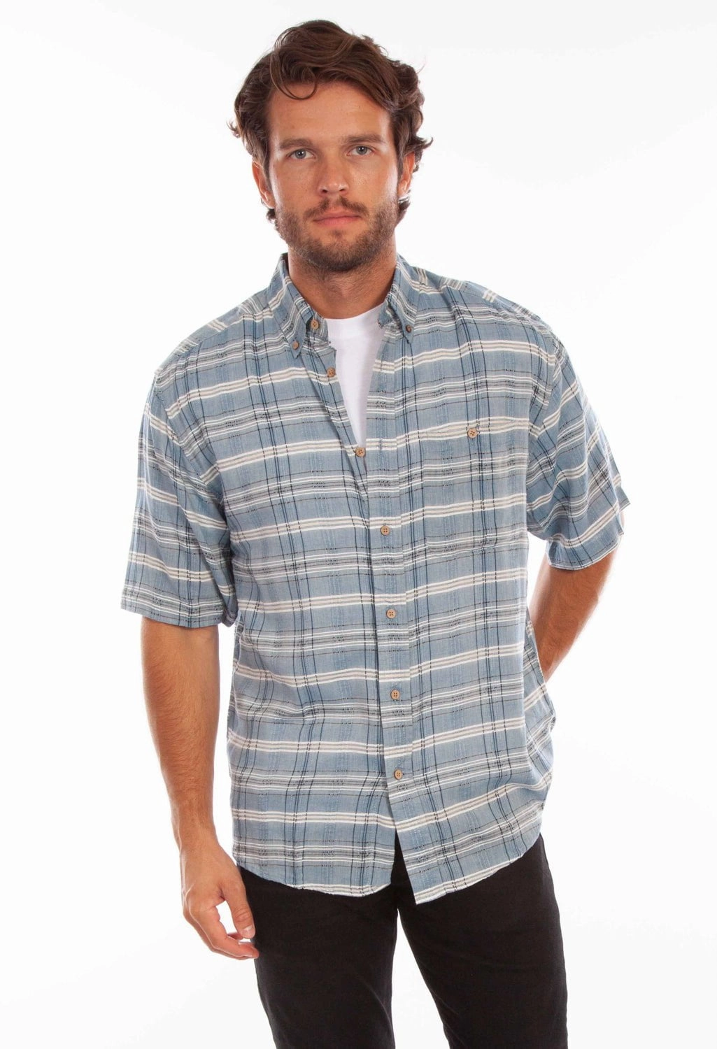 Scully Mens Worn Outs Plaid Blue 100% Cotton S/S Shirt Trendy Vibes Matte Look