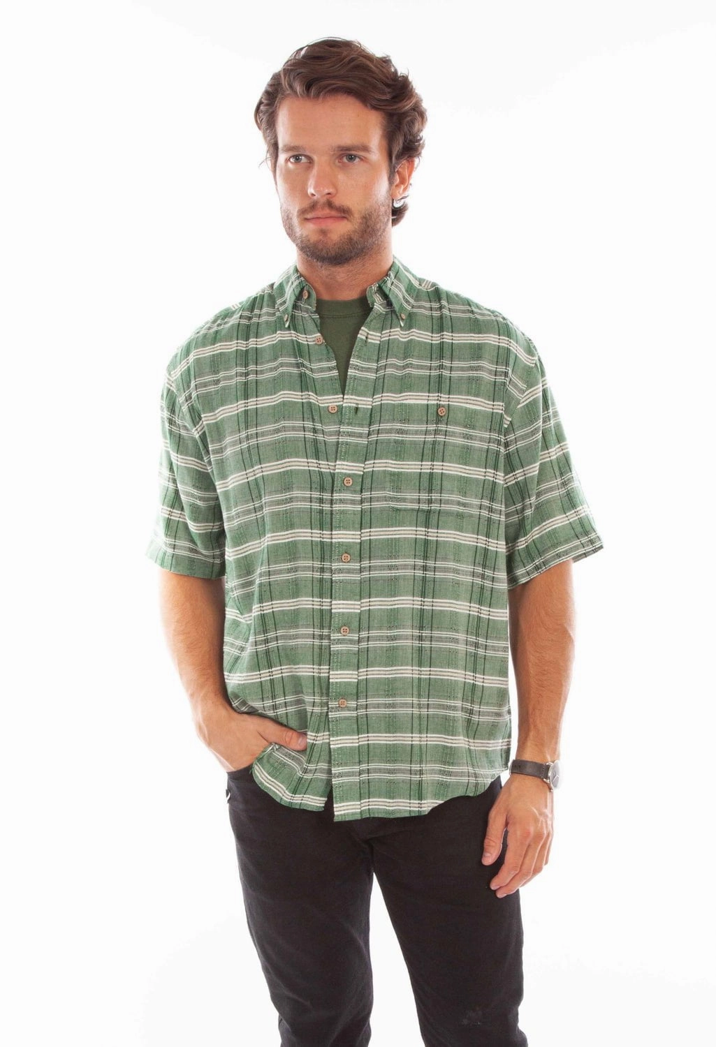 Tall Length Pastel Shade Scully Mens Worn Outs Plaid Green 100% Cotton S/S Shirt
