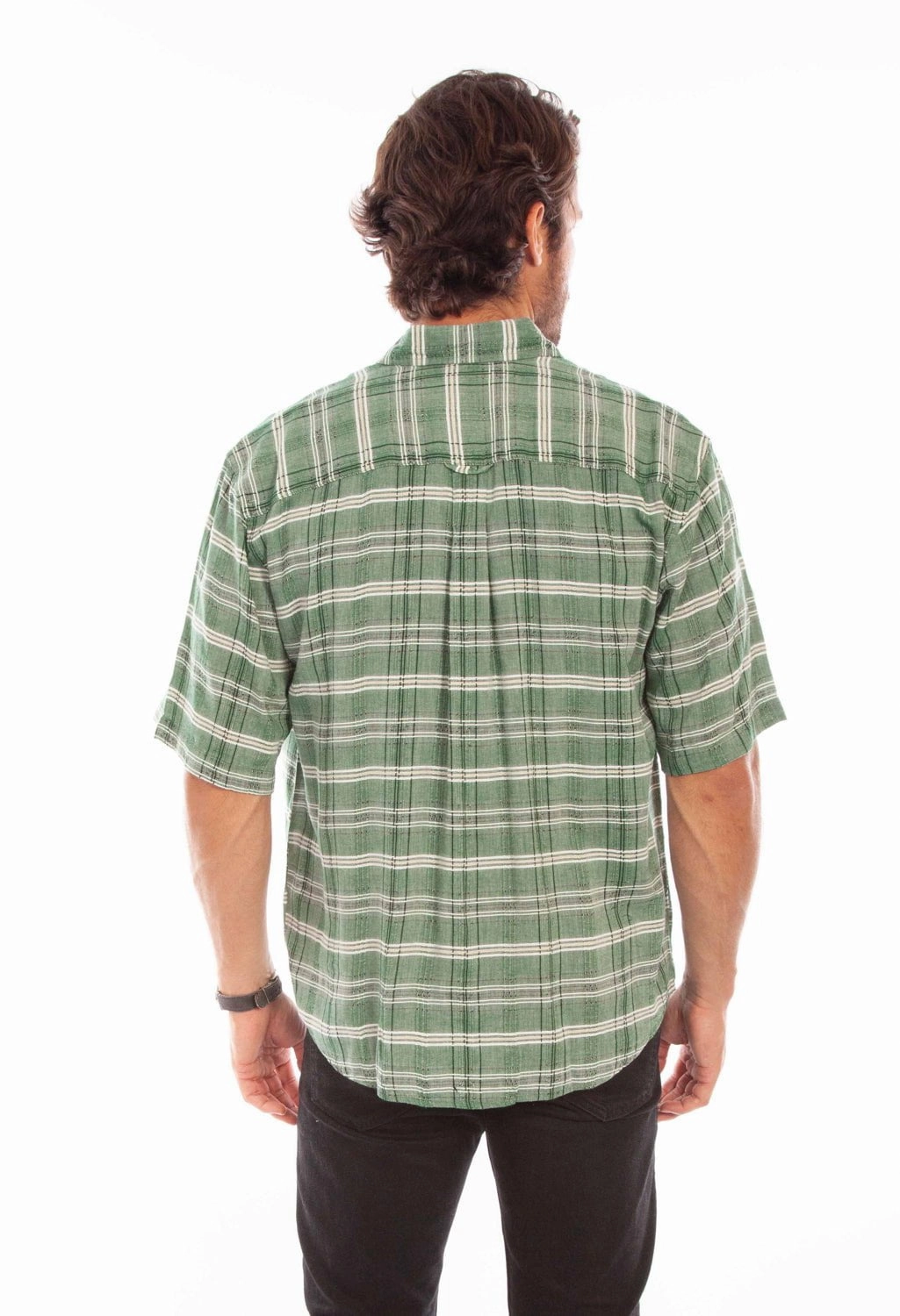 Scully Mens Worn Outs Plaid Green 100% Cotton S/S Shirt No Bulk Layering System