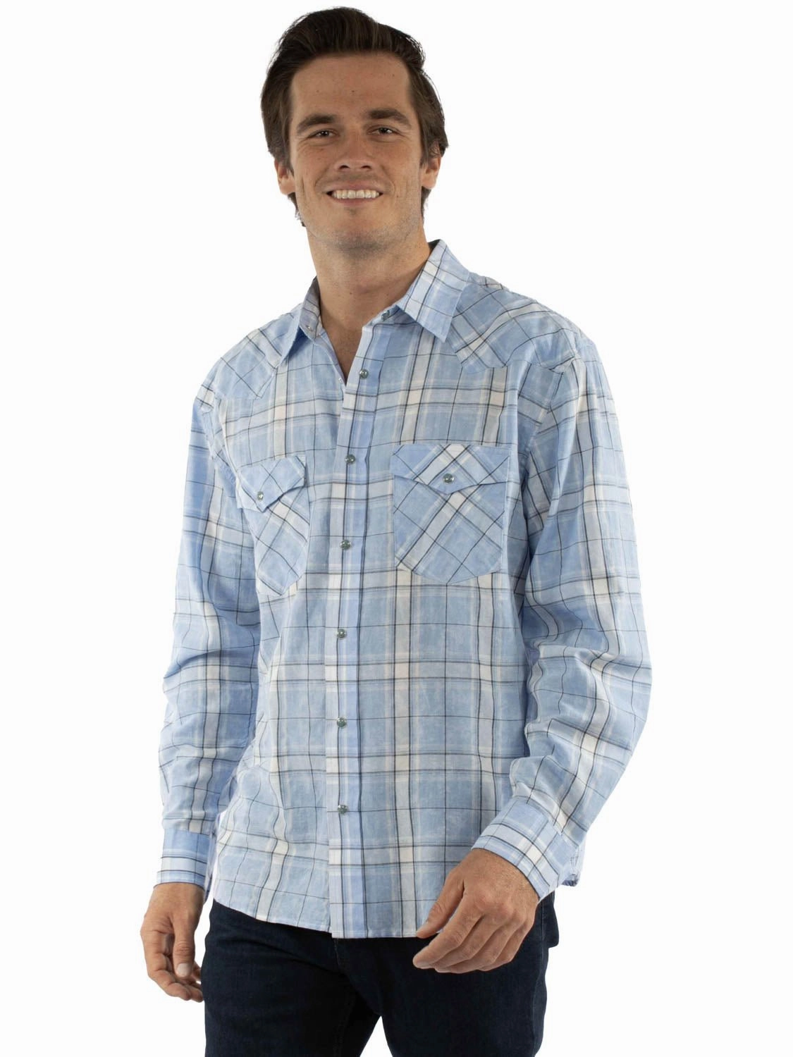 Classy Detail Scully Mens Worn Washed Plaid Blue 100% Cotton L/S Shirt