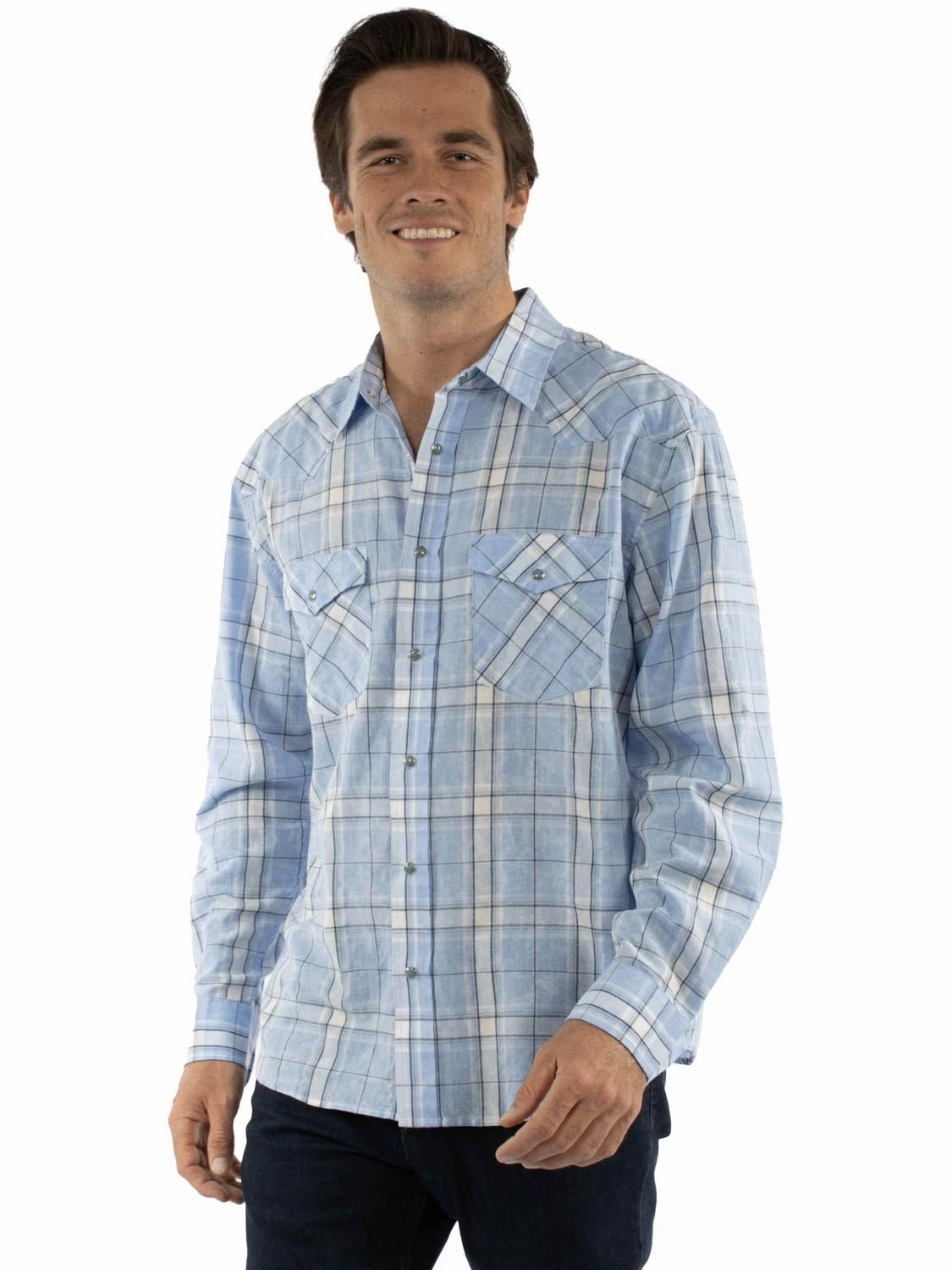 Scully Mens Worn Washed Plaid Blue 100% Cotton L/S Shirt Lounge Wear