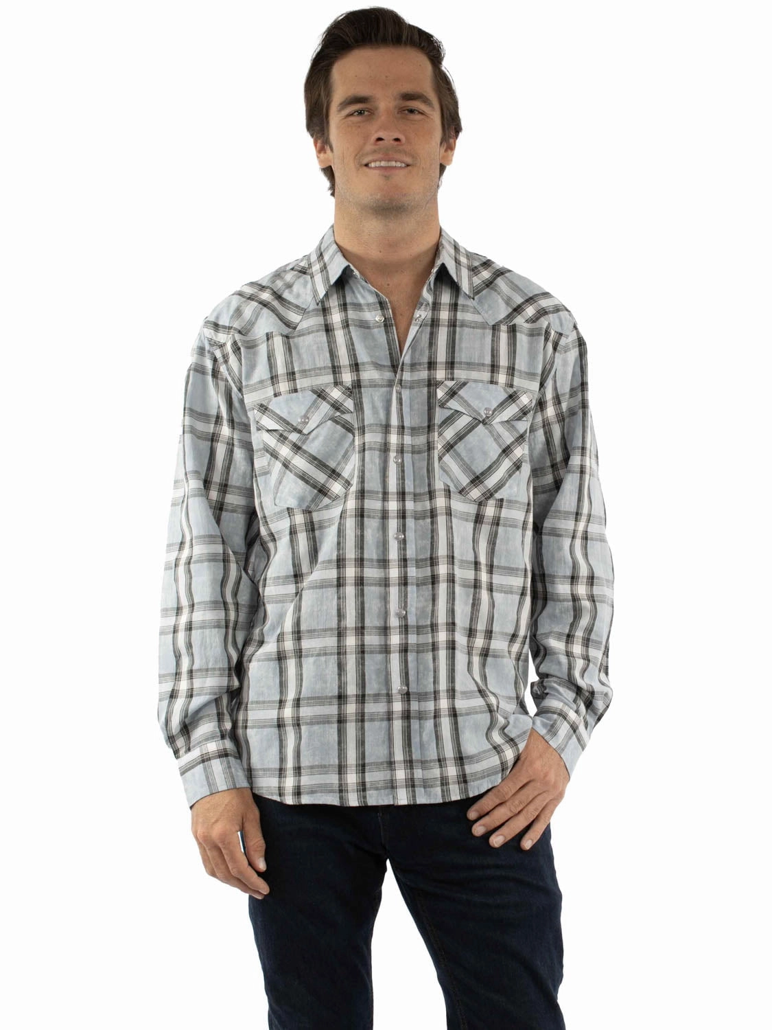 Dinner Date Mature Elegance Scully Mens Worn Washed Plaid Grey 100% Cotton L/S Shirt
