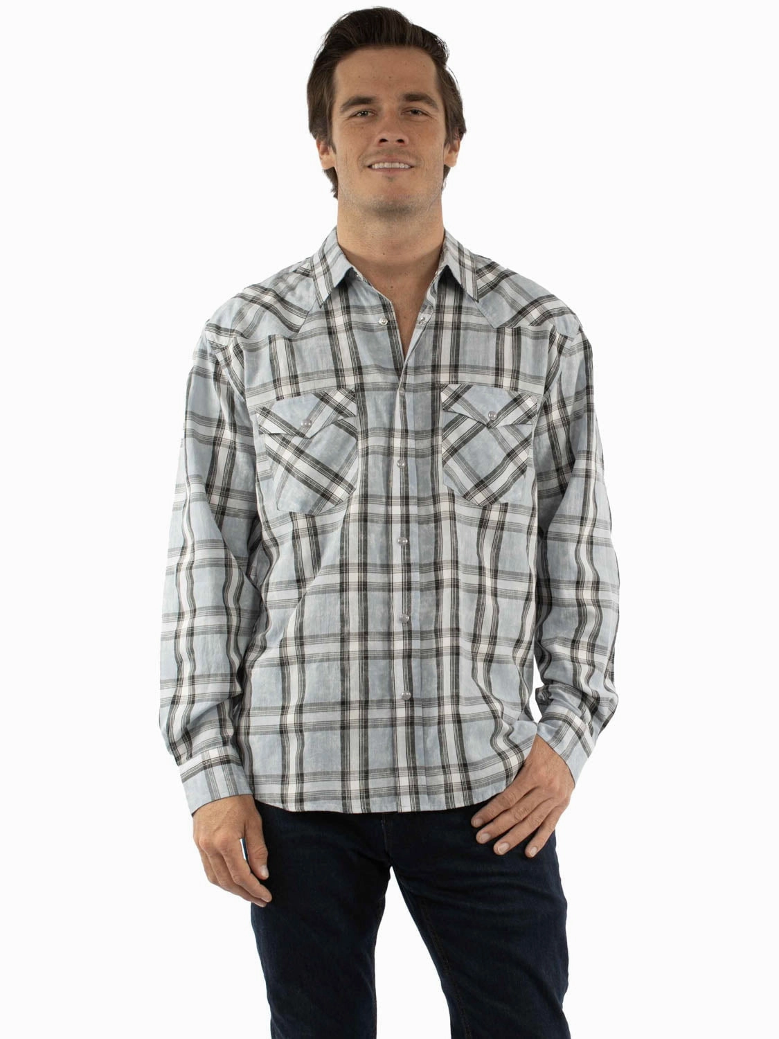slim cut Scully Mens Worn Washed Plaid Grey 100% Cotton L/S Shirt