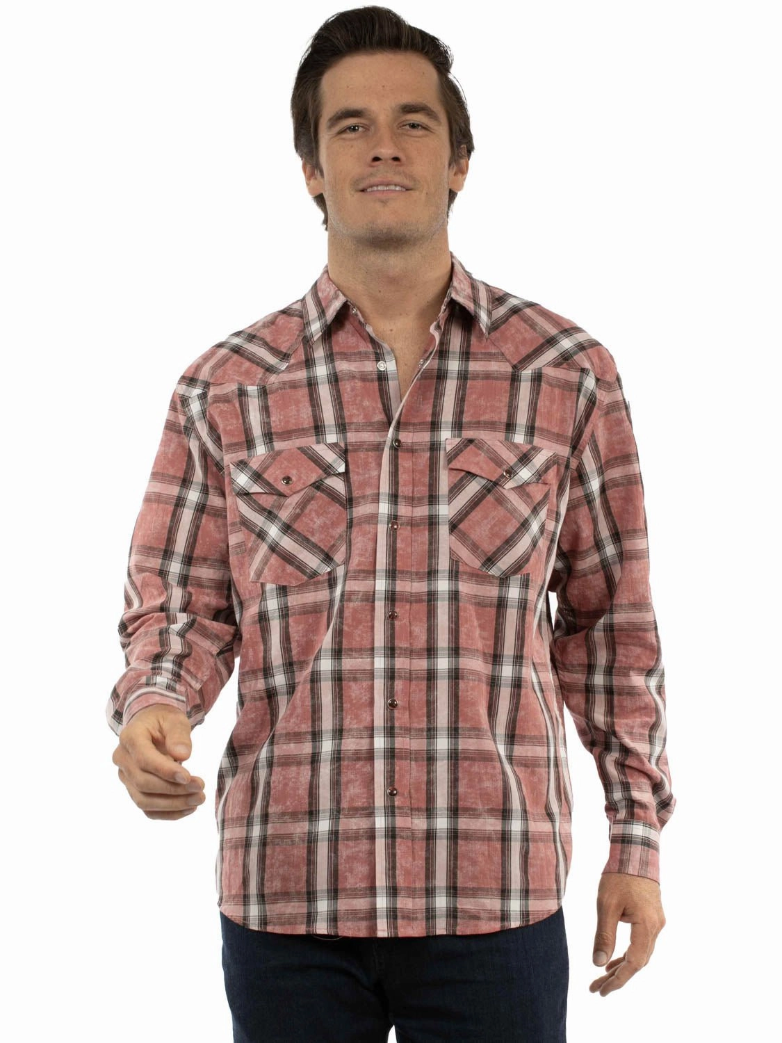 Checkered Print Scully Mens Worn Washed Plaid Red 100% Cotton L/S Shirt