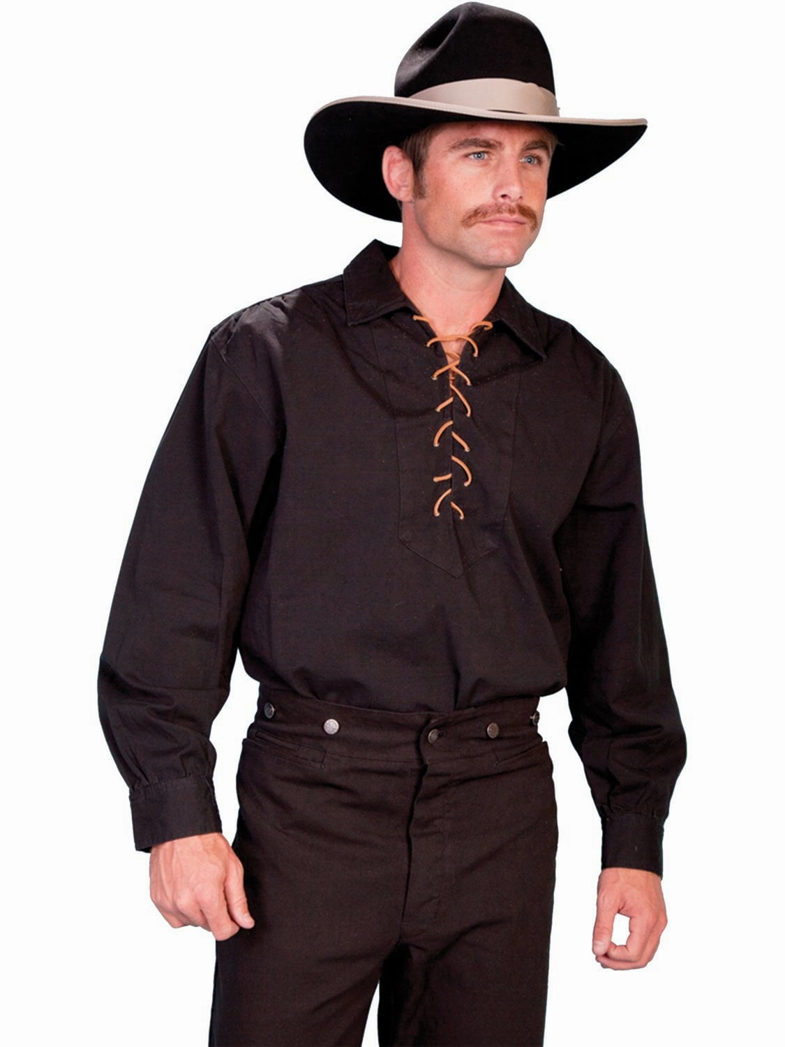 bohemian flair Flexible Mobility Scully RangeWear Mens Black 100% Cotton Laced Placket L/S Western Shirt