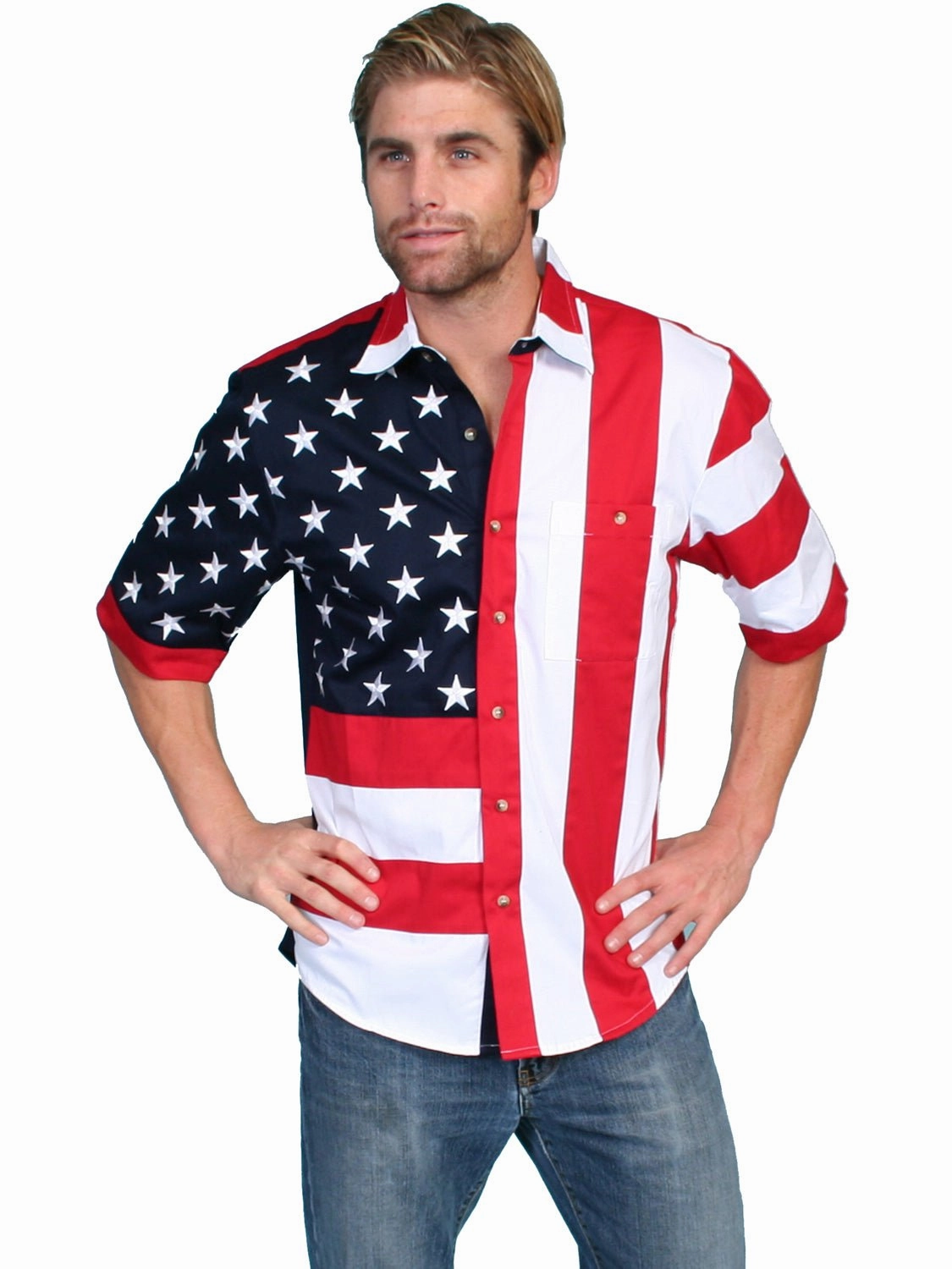 Scully Rangewear Mens Red 100% Cotton S/S USA Flag Western Shirt Waffle Weave