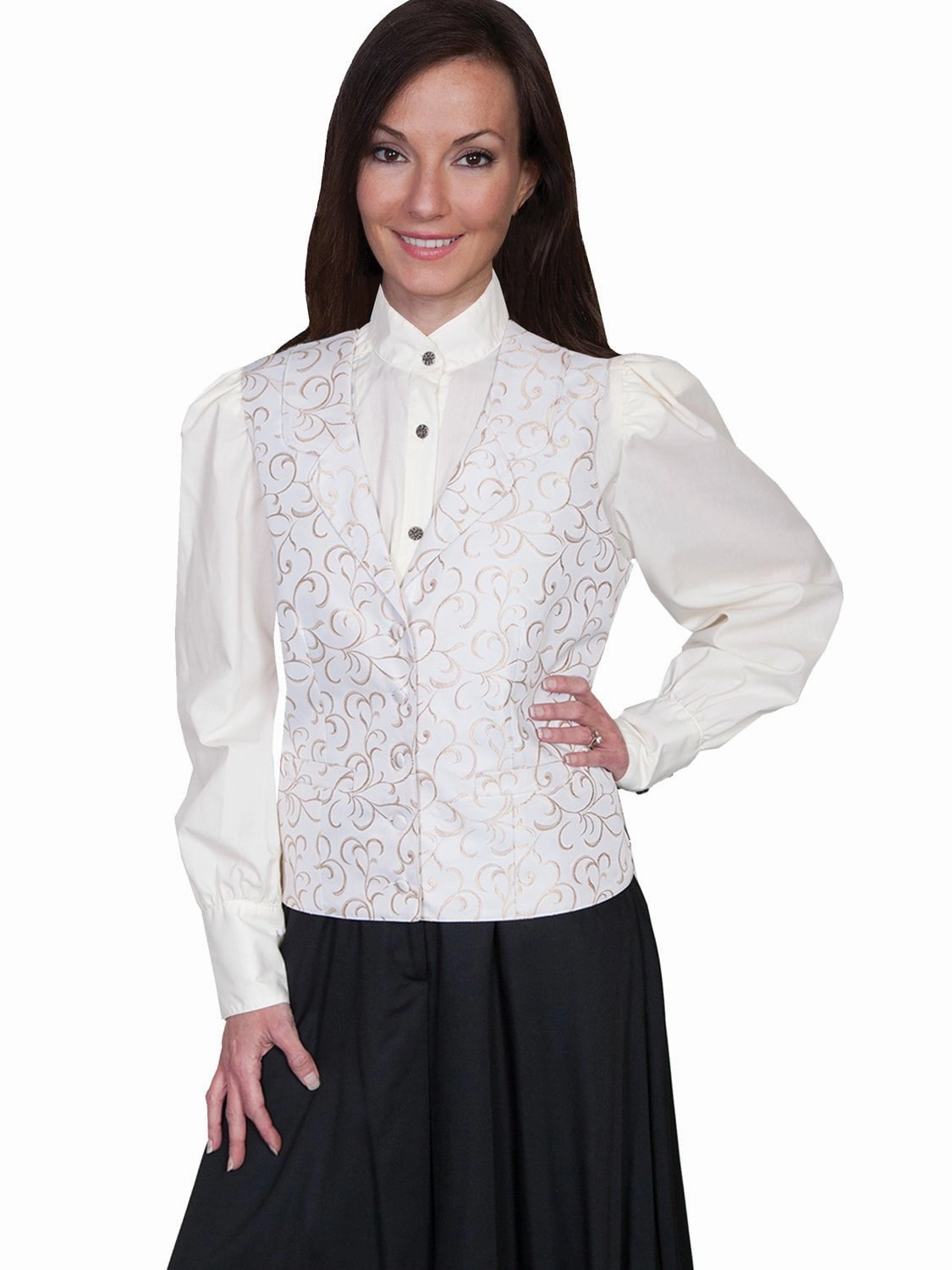 Scully Rangewear Womens Natural Polyester Scroll Vine Lapel Vest Double Layered Knit