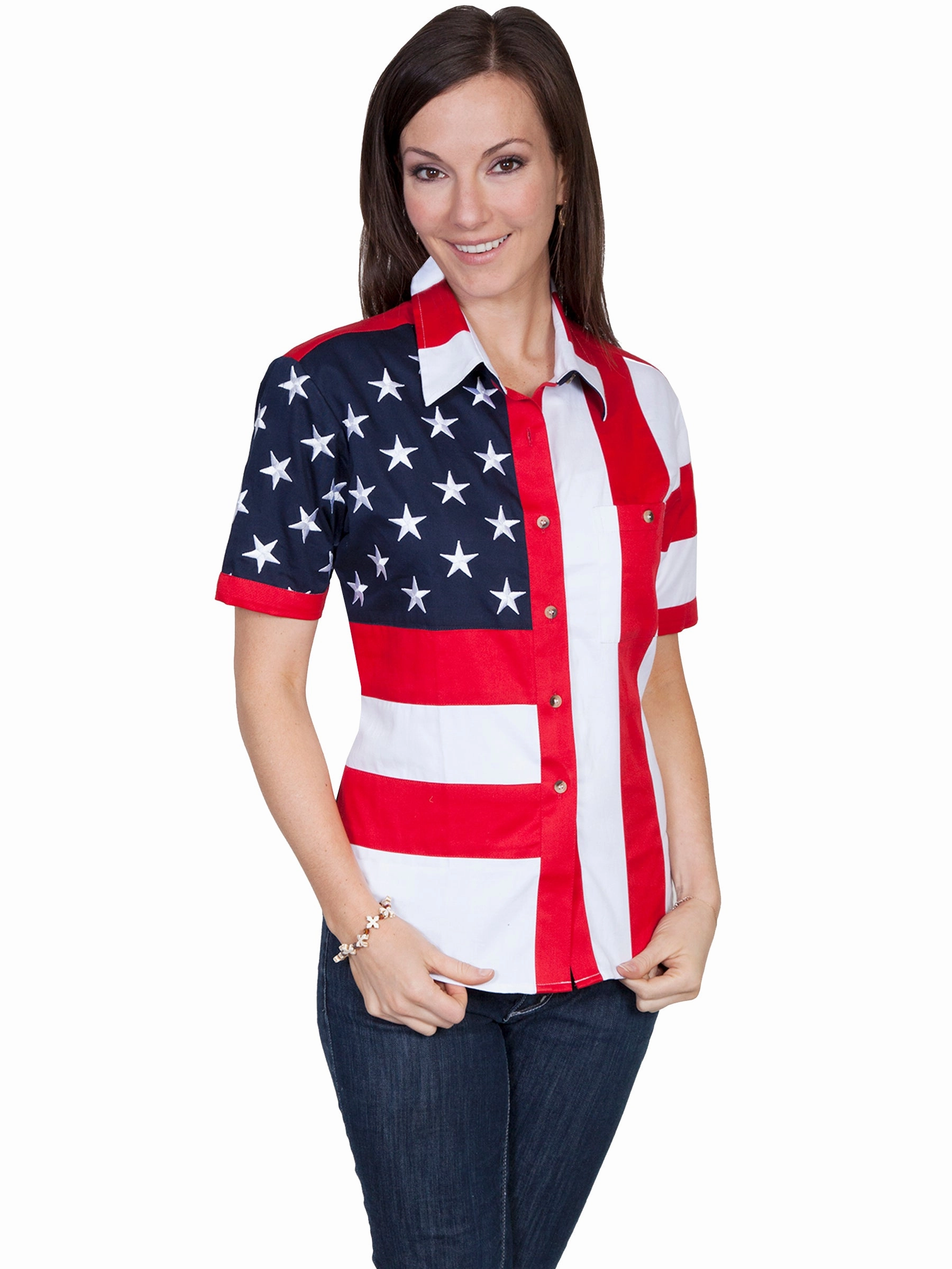 Scully RangeWear Womens Red 100% Cotton American Flag S/S Western Shirt Subtle pattern Eco-friendly