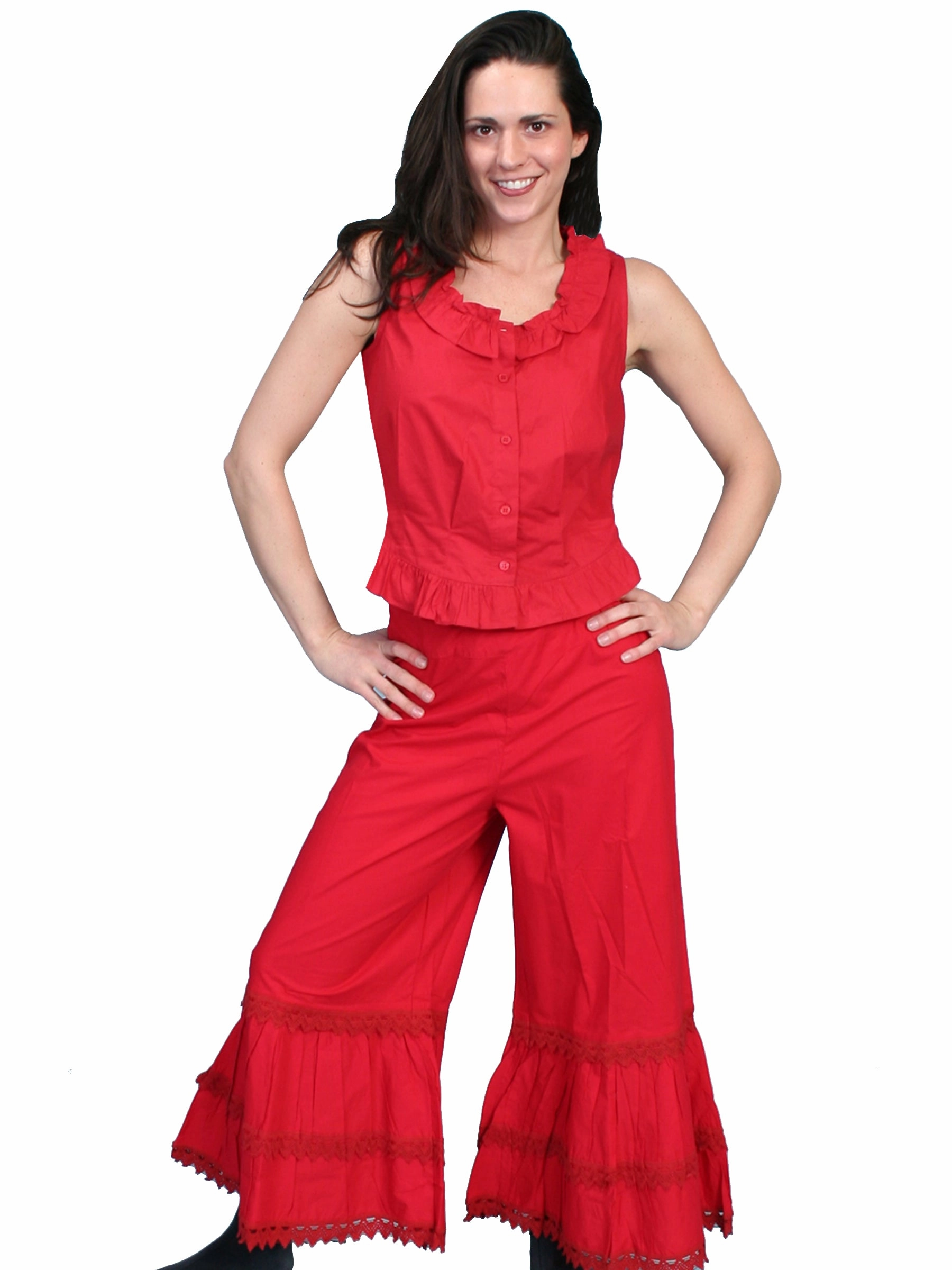Scully RangeWear Womens Red 100% Cotton Ruffle Crochet Lace Pants Bloomers Fast Match Spring Mood Elegant City Walk