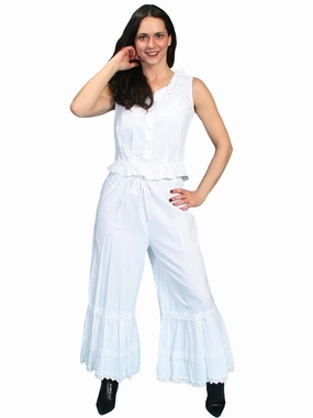 Scully RangeWear Womens White 100% Cotton Ruffle Crochet Lace Pants Bloomers Sustainable Evening Stroll Casual City Walk Autumn Days Lightweight