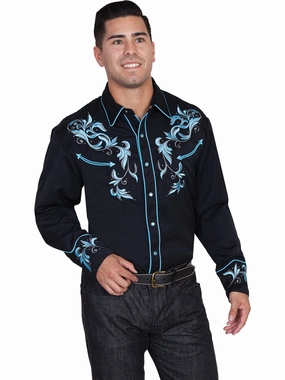 Formal Elegance Vintage Style Scully Western Mens Black Polyester L/S Two Tone Leaf Western Shirt