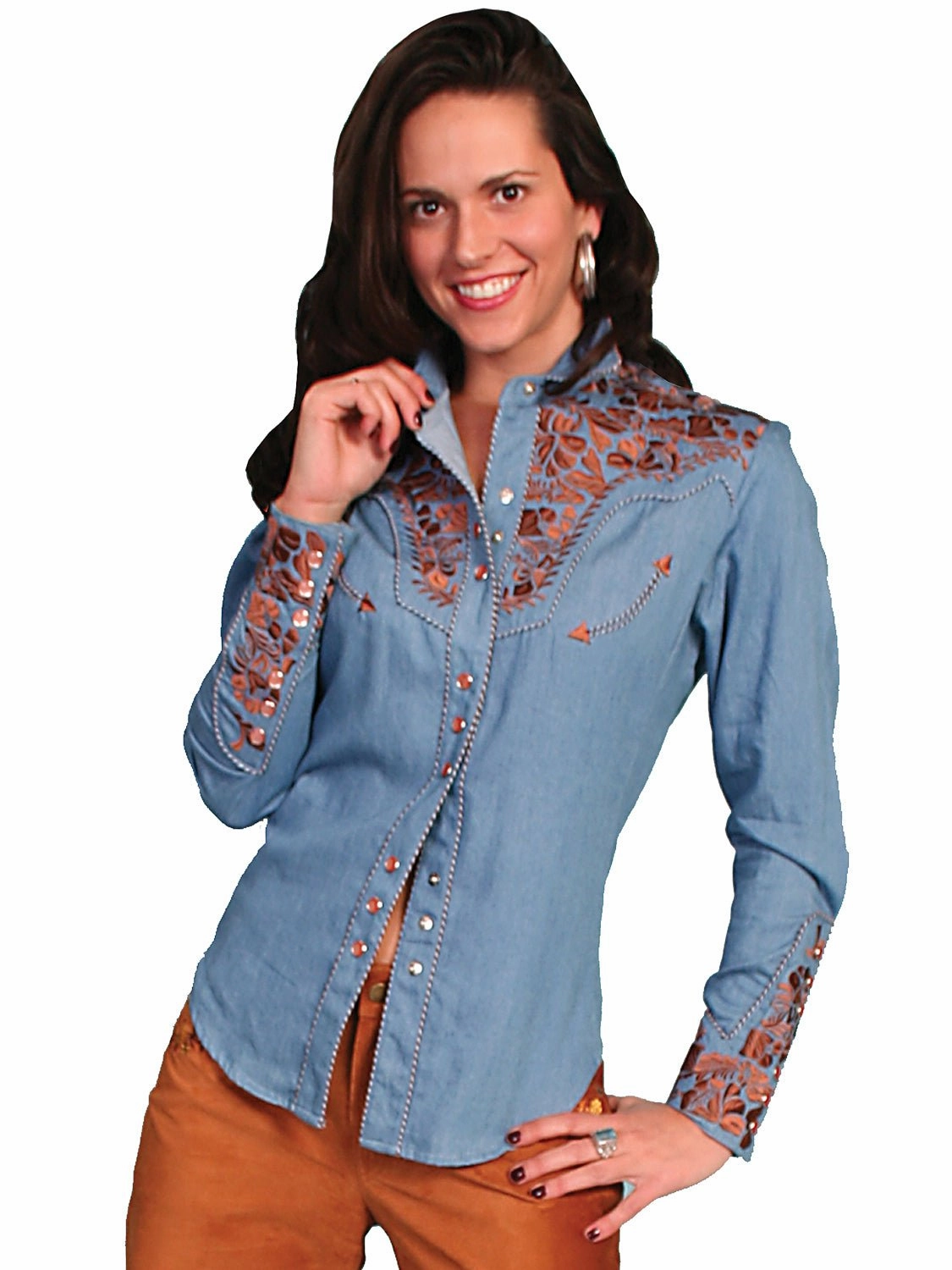 Scully Western Womens Blue Polyester L/S Floral Stitch Western Shirt Sweat-Absorbing Snag Free Surface