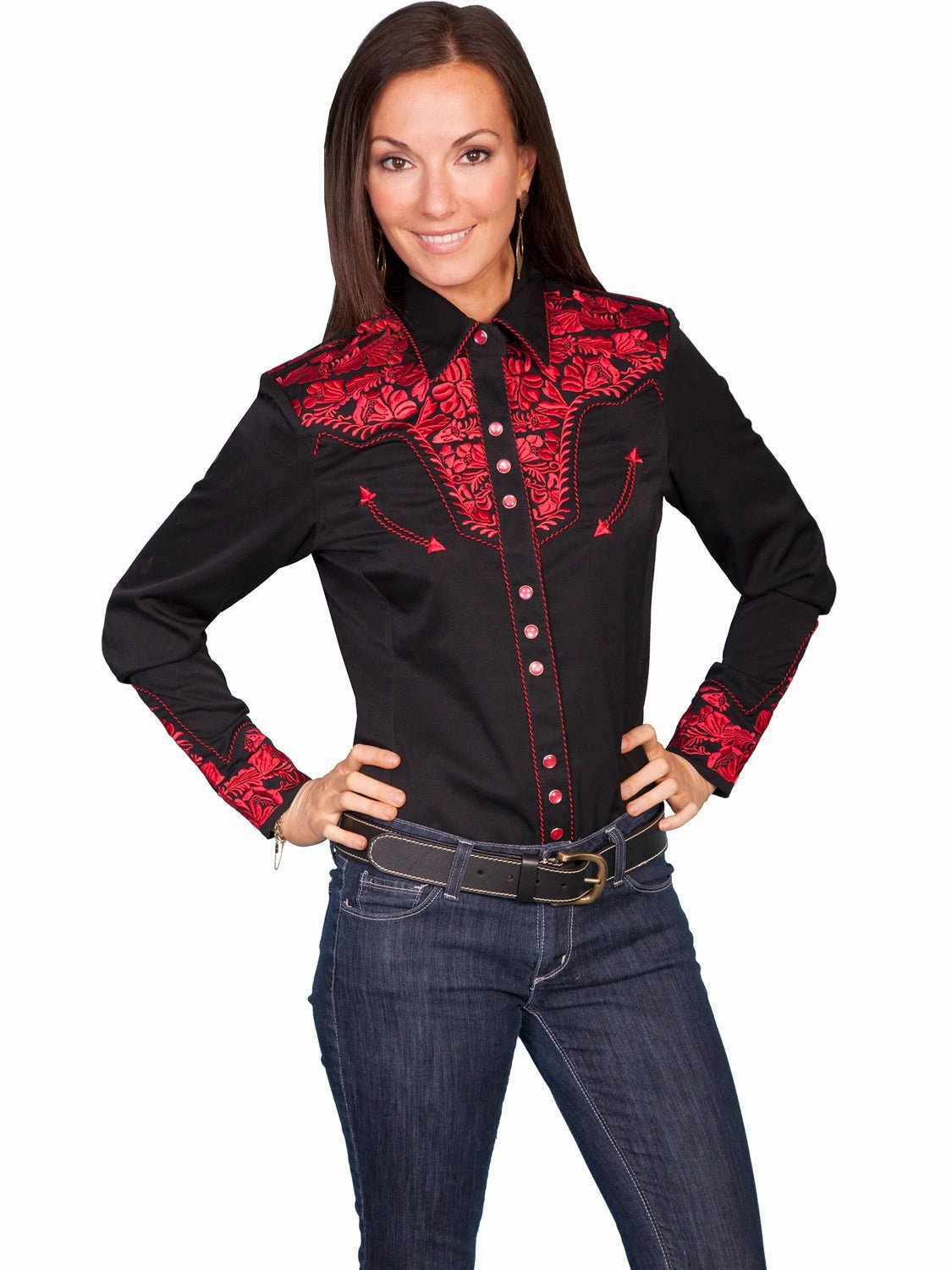 Weekend Outing Scully Western Womens Crimson Polyester L/S Floral Stitch Western Shirt