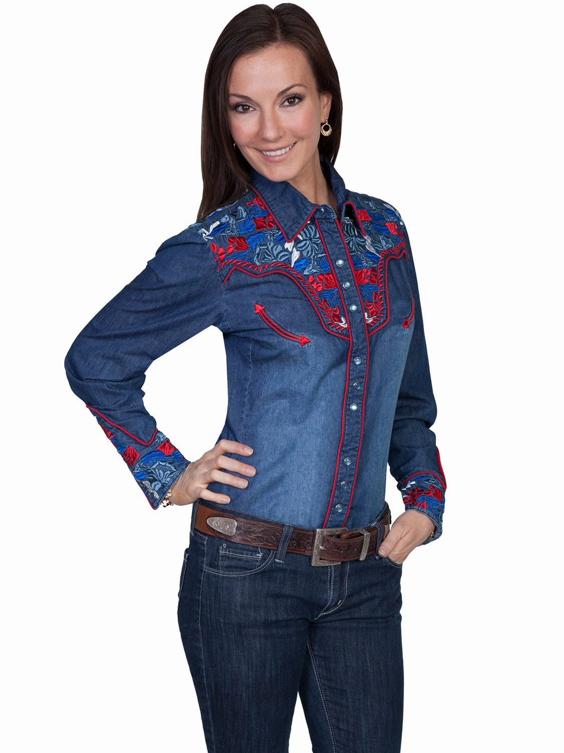 crew neck Scully Western Womens Denim Polyester L/S Multi-Floral Western Shirt