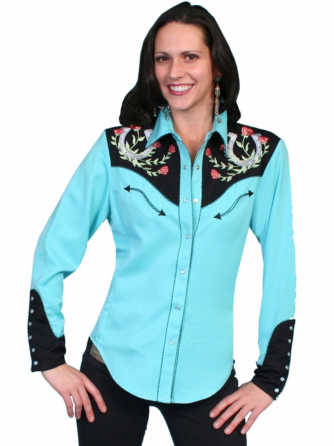 Scully Western Womens Turquoise Polyester L/S Horseshoe Western Shirt bohemian flair