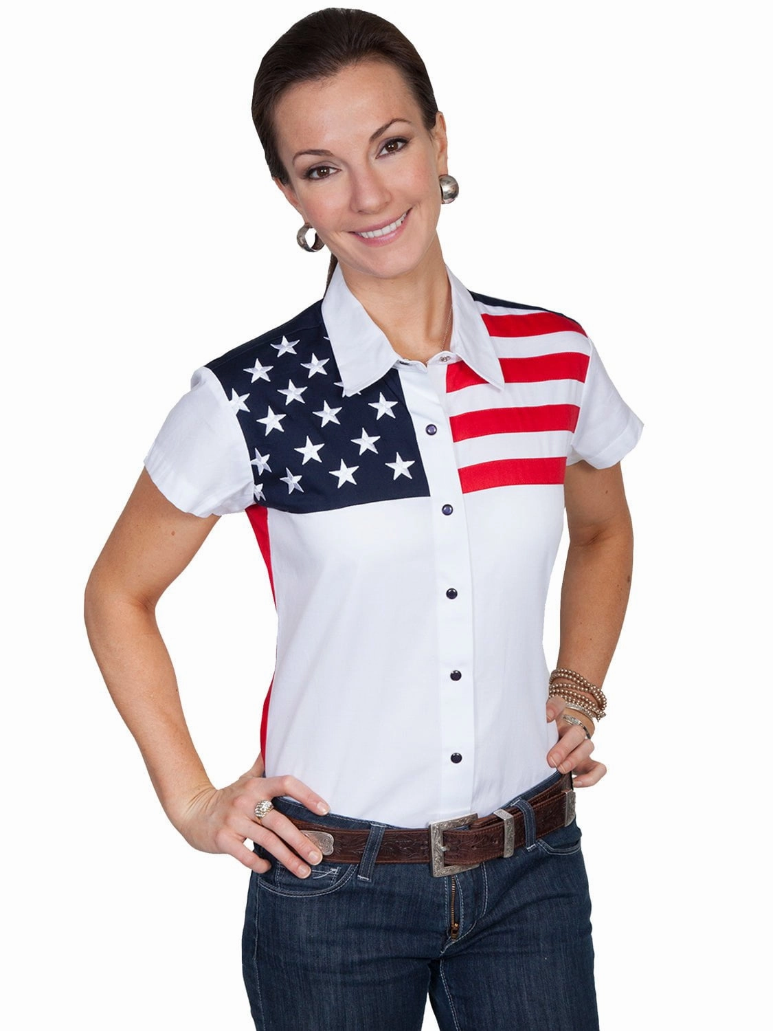 Scully Western Womens White 100% Cotton S/S USA Flag Western Shirt Preppy Vibe