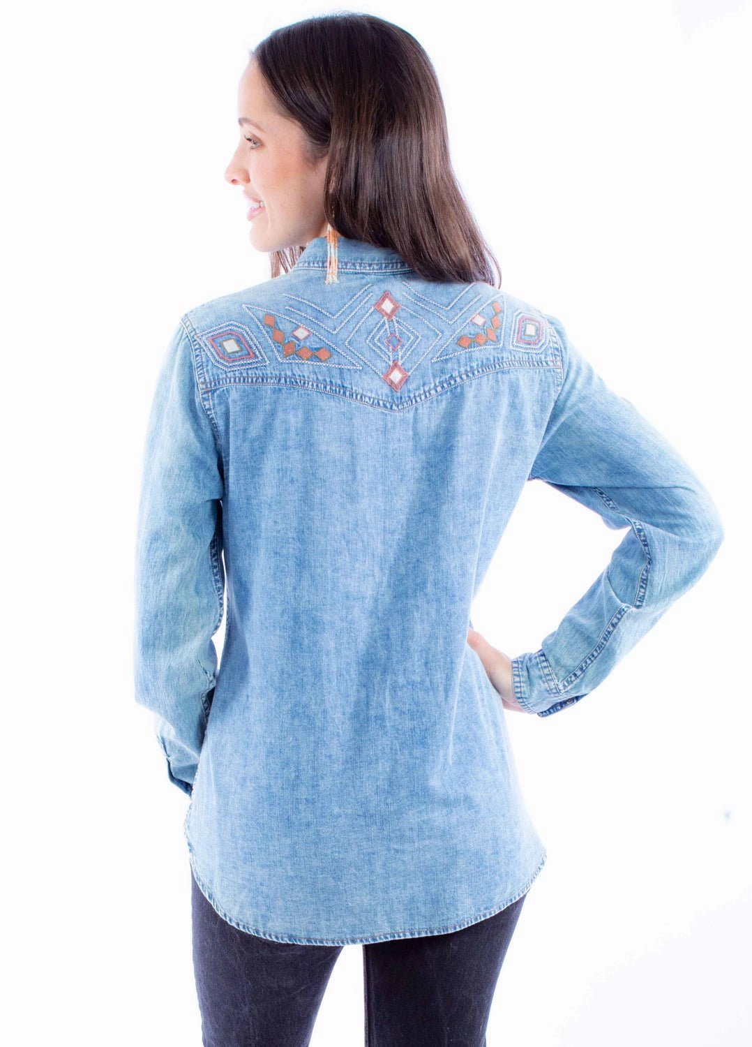 slim cut Scully Womens Acid Wash Blue 100% Cotton L/S Shirt