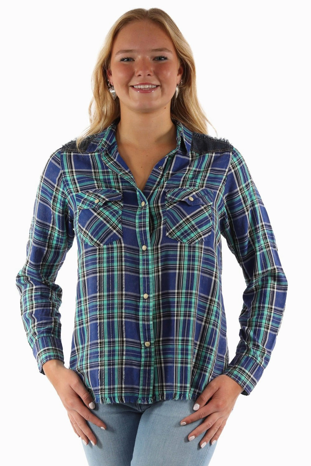 Fashionable Pick Matte Finish Scully Womens Airy Plaid Yokes Blue Rayon Blend L/S Shirt
