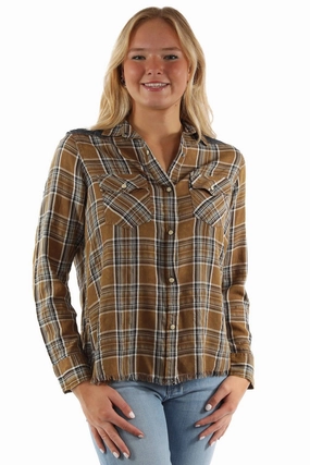 Scully Womens Airy Plaid Yokes Brown Rayon Blend L/S Shirt Seamless Shoulder Athleisure Trend
