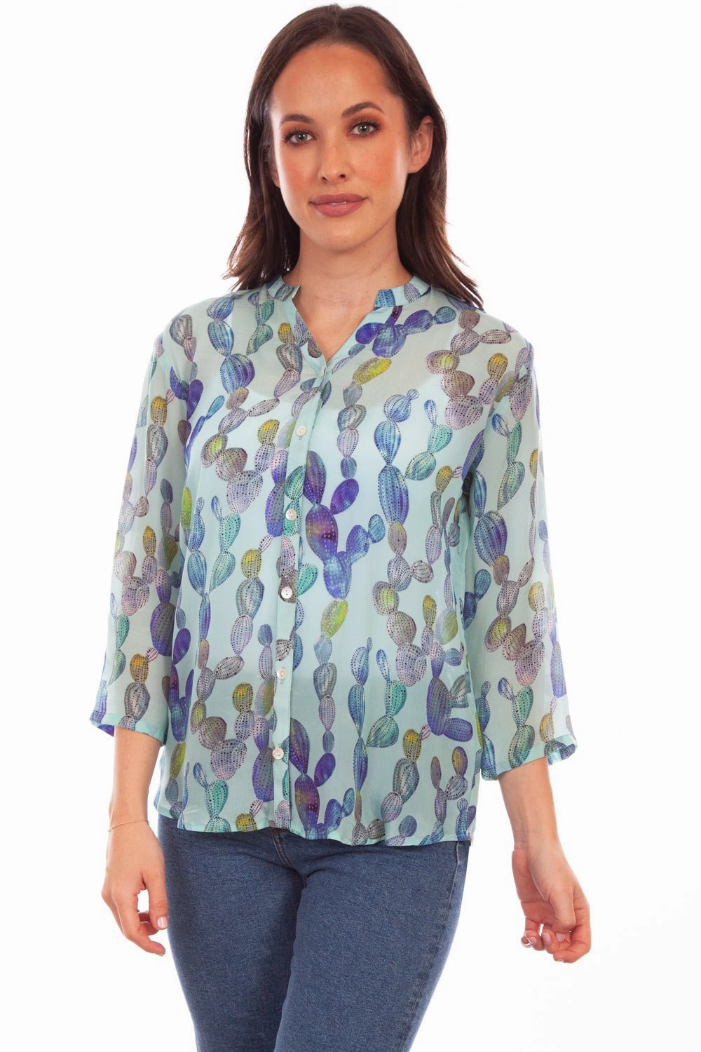 Wardrobe Staple Budget Friendly Scully Womens Aqua Rayon Cactus S/S Blouse