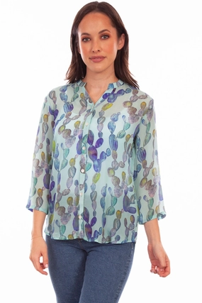 Wardrobe Staple Budget Friendly Scully Womens Aqua Rayon Cactus S/S Blouse