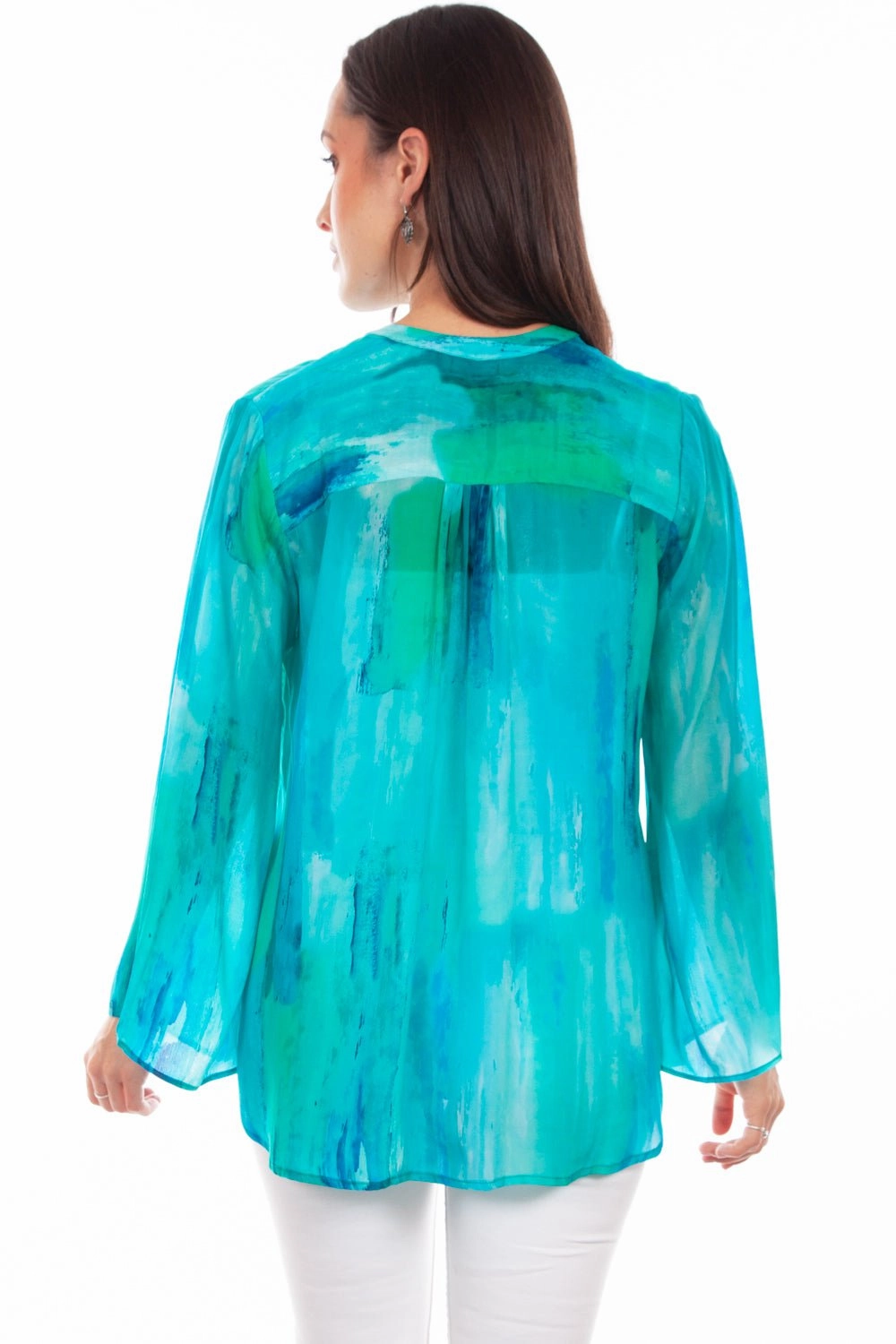 Scully Womens Artful Tie-Dye Aqua Rayon L/S Blouse Ergonomic Sleeve Cut