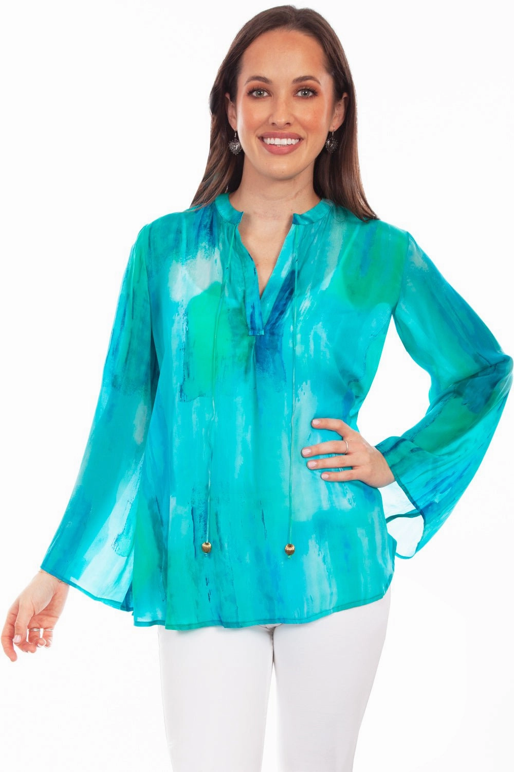 Business Meeting Scully Womens Artful Tie-Dye Aqua Rayon L/S Blouse