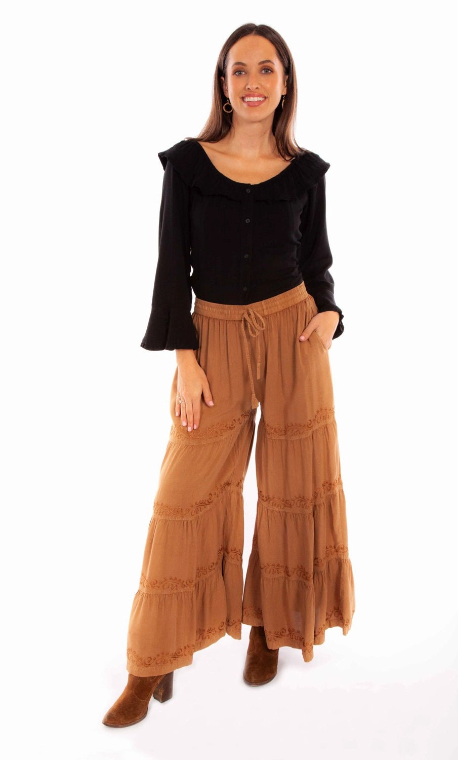 Distressed Detailing Scully Womens Beige Rayon Palazzo Pants