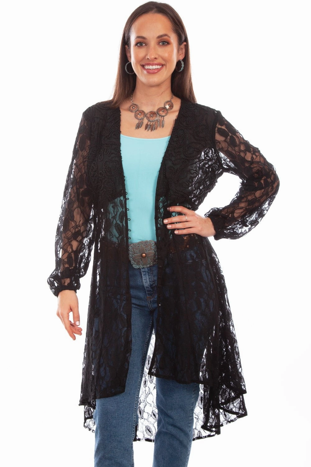Scully Womens Black 100% Polyester Lace V-Neck Duster Casual Fit