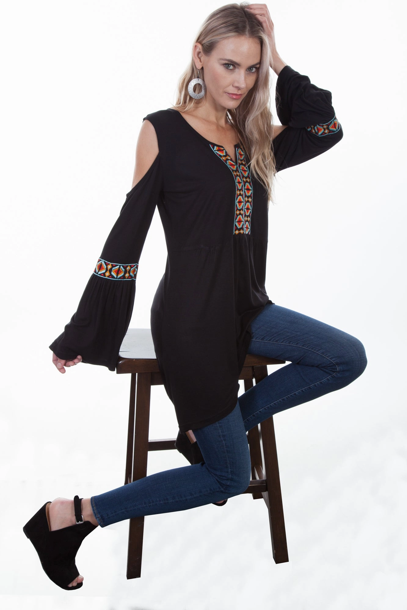 Scully Womens Black Viscose Aztec L/S Tunic Brushed Inner Lining