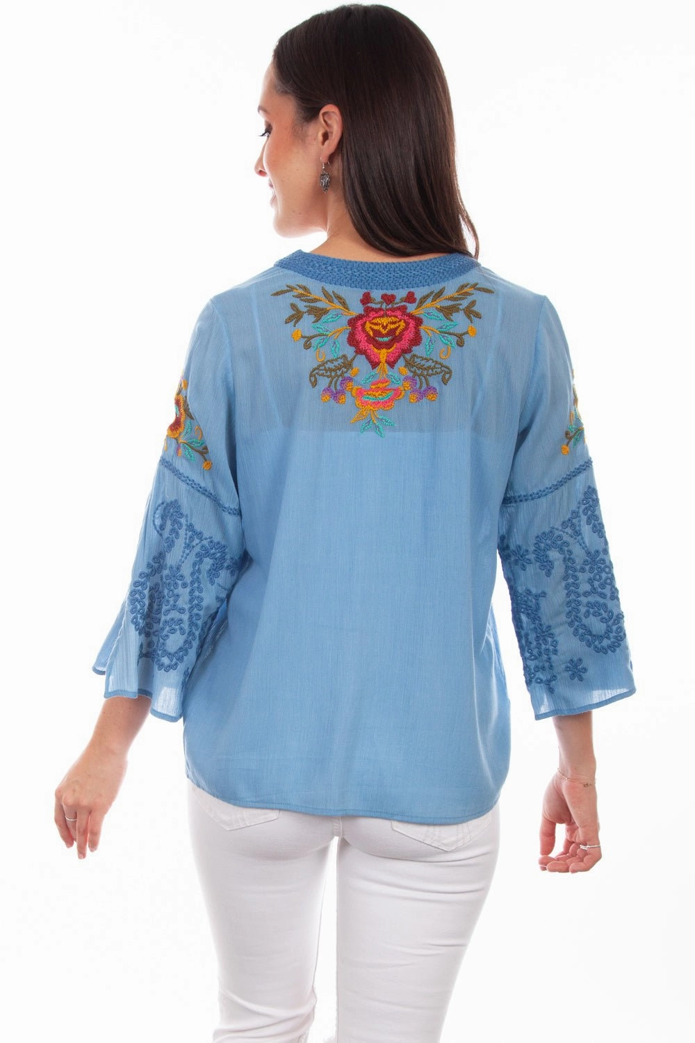 Geometric Pattern Special Occasion Scully Womens Blue Multi 100% Cotton Detailed Floral S/S Blouse