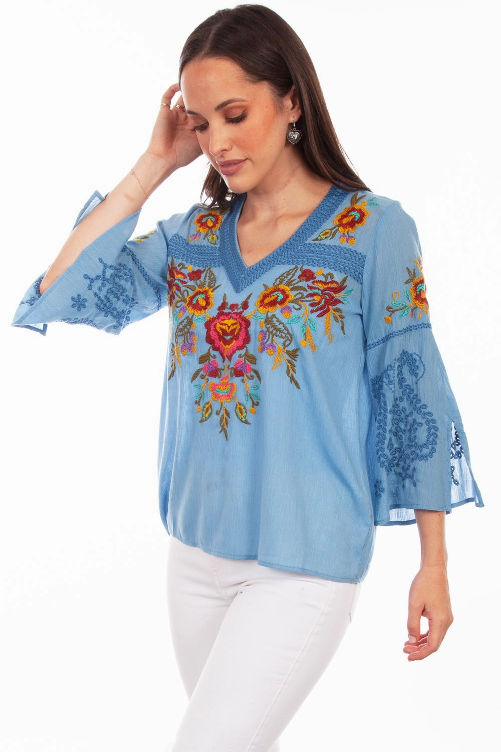 Laser Cut Edge Detail Scully Womens Blue Multi 100% Cotton Detailed Floral S/S Blouse