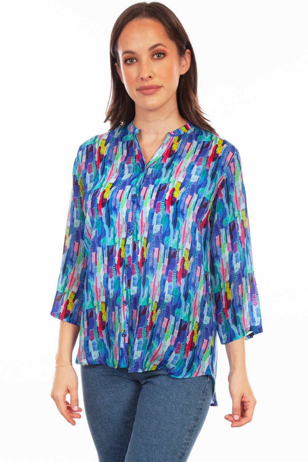 Scully Womens Blue Multi Rayon Dazzling S/S Blouse Durable Thread Construction Non Iron Fabric