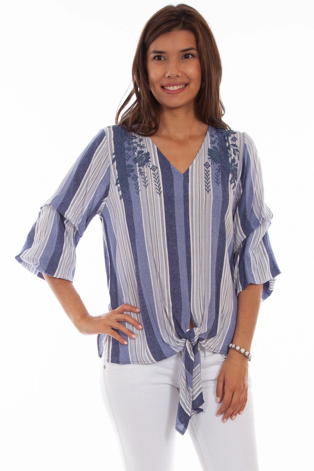 Party Ready Scully Womens Blue Rayon Puff Print S/S Blouse