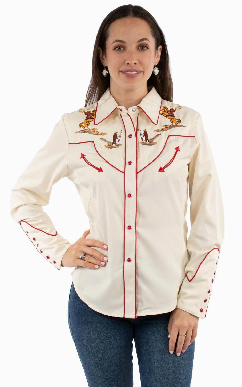 Scully Womens Cattle Roper Embroidery Cream Poly/Rayon L/S Shirt Oversized Fit