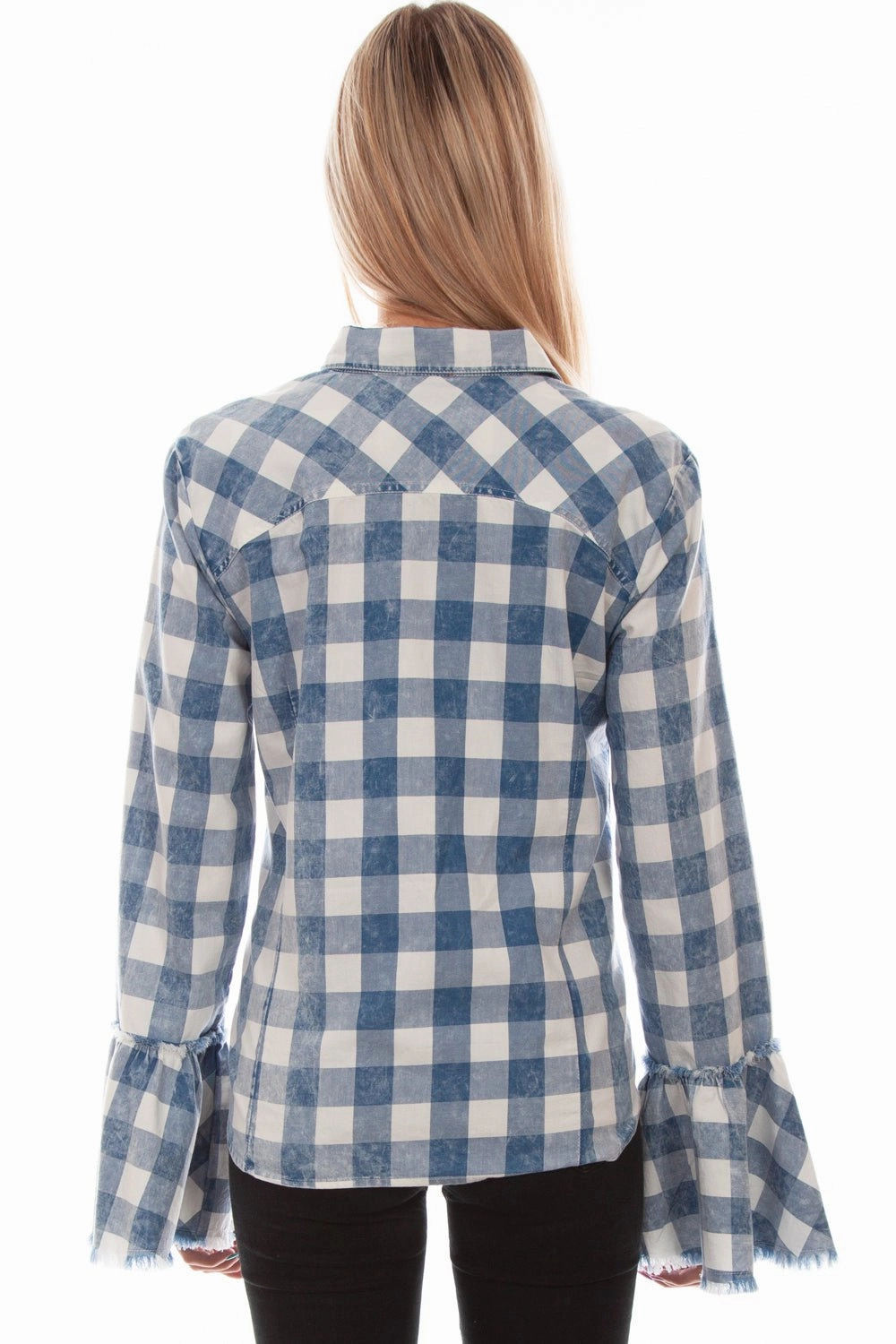 Scully Womens Checker Bell Sleeve Blue 100% Cotton L/S Blouse High-Quality Fabric