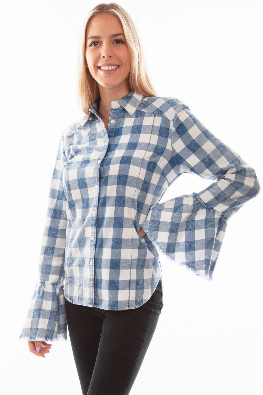 Denim Blend Scully Womens Checker Bell Sleeve Blue 100% Cotton L/S Blouse