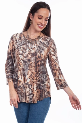 Flexible Shoulder Panels Scully Womens Cheetah Skin Tan Poly/Spandex S/S Blouse