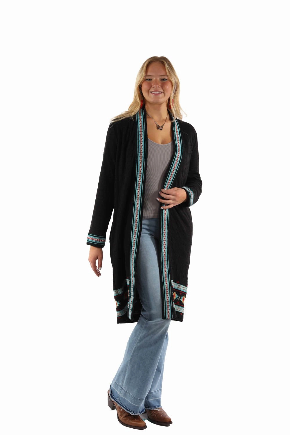 Lightweight Thermal Scully Womens Double Knit Embroidered Black 100% Cotton Cardigan Sweater