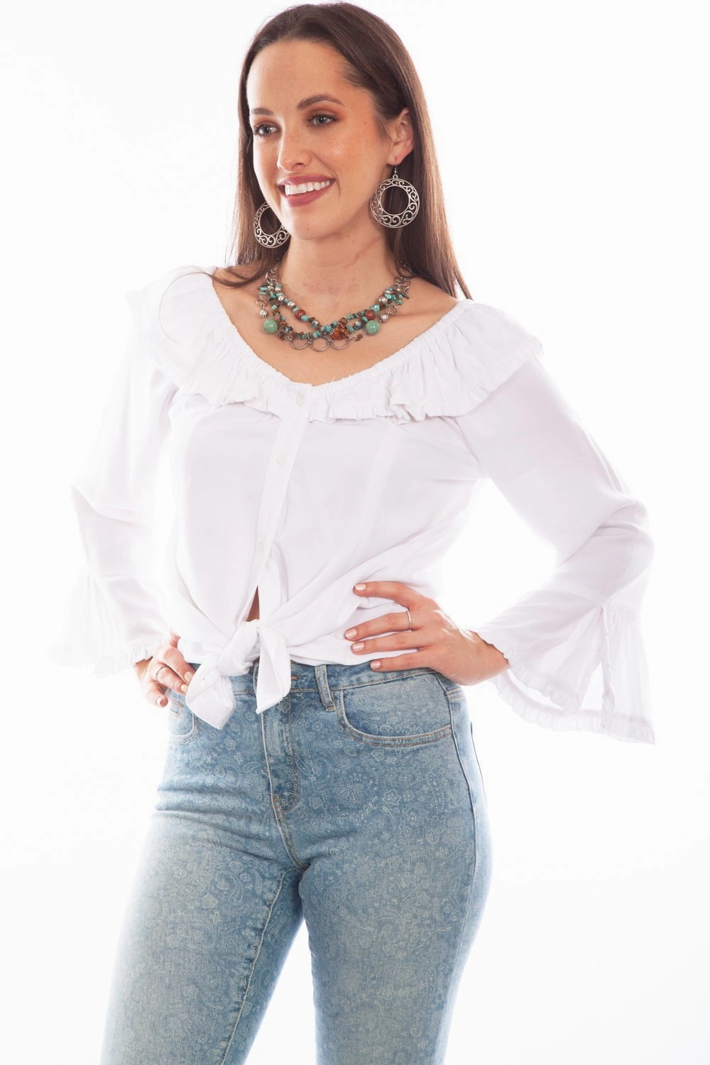 Dynamic Design All Day Comfort Tech Scully Womens Drapey Silhouette White 100% Rayon L/S Tunic