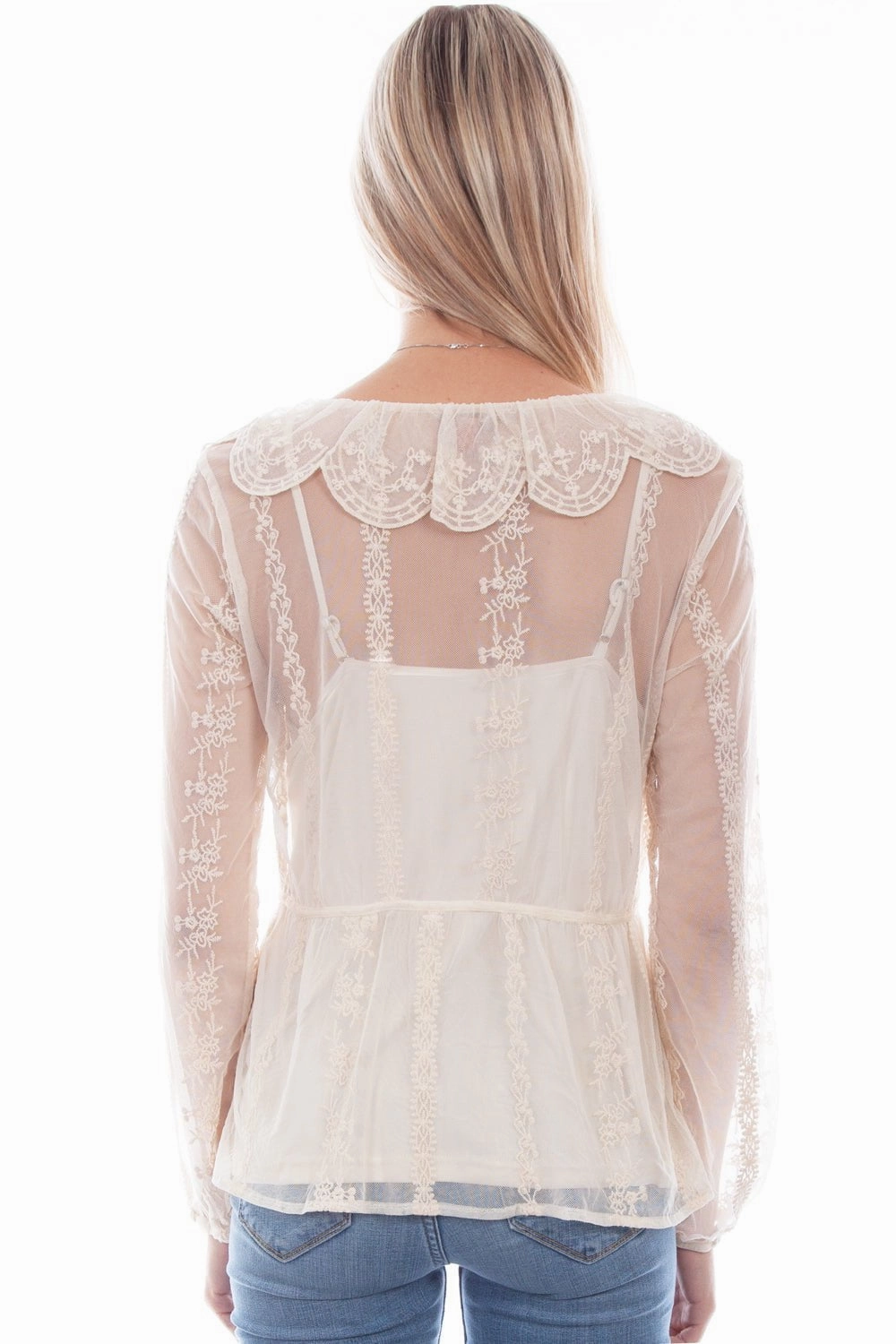 Scully Womens Embroidered Mesh Tie Front Ivory 100% Polyester L/S Blouse Earthy Hue Unstructured Shoulder