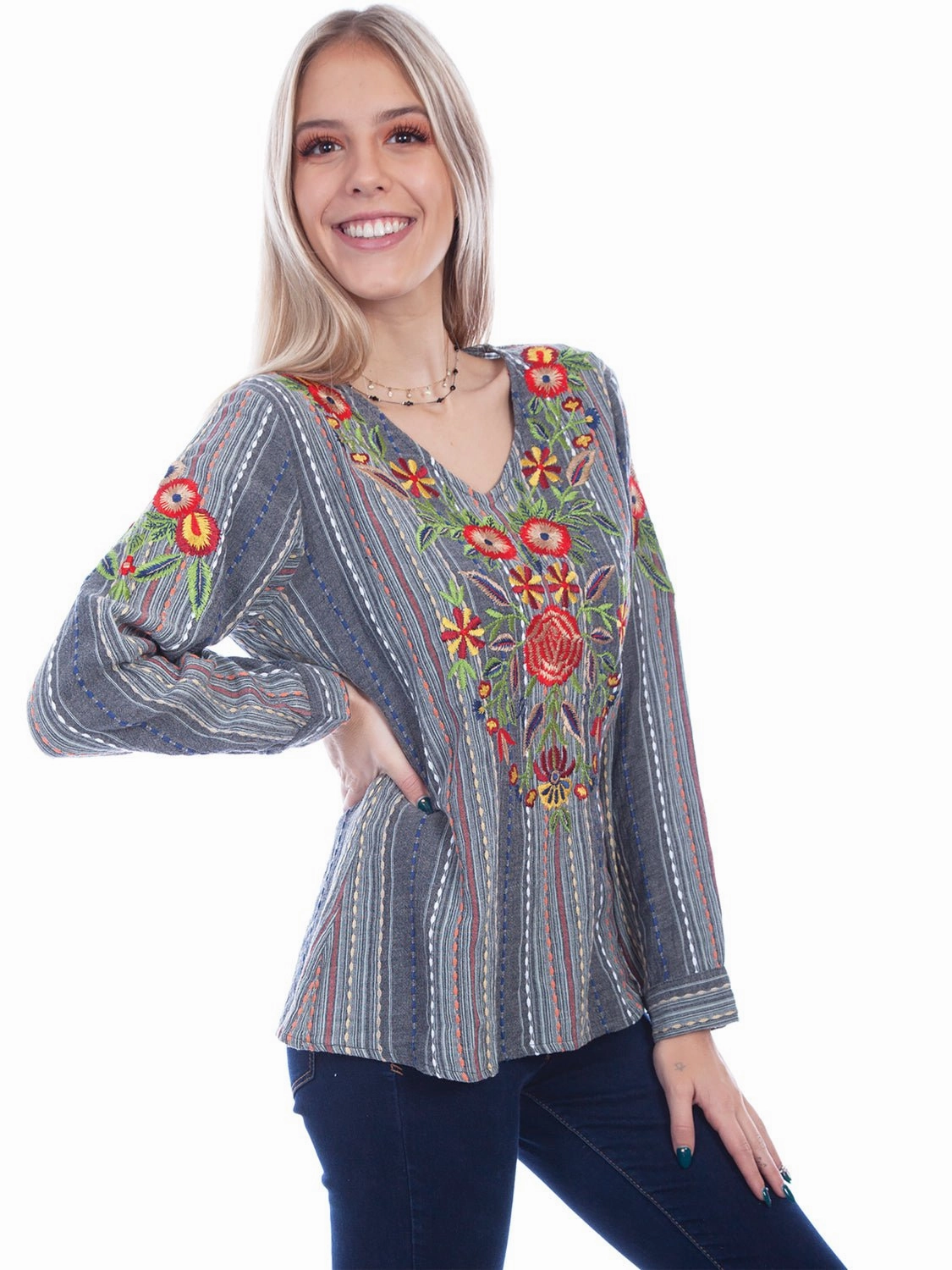 No Slip Shoulder Grips Scully Womens Embroidered Stripe Charcoal 100% Cotton L/S Blouse