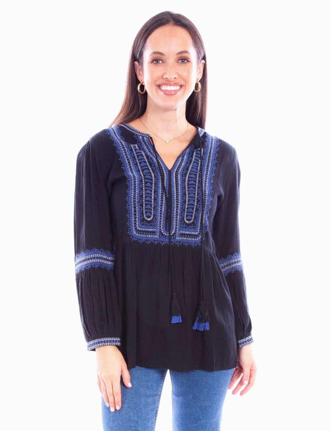 Scully Womens Embroidered Tie Front Black 100% Cotton L/S Blouse Compact Packing