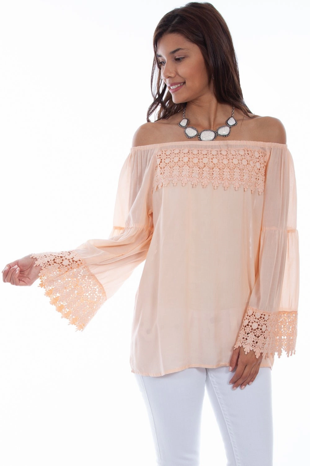 Matte Finish bohemian flair Scully Womens Graceful Pullover Peach 100% Viscose L/S Blouse