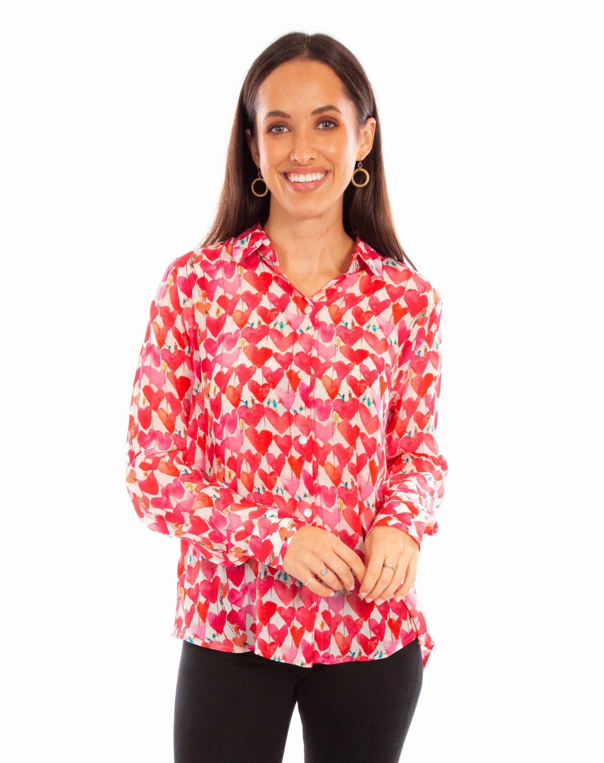 Sweat-Absorbing Scully Womens Heart Print Pink Viscose L/S Blouse