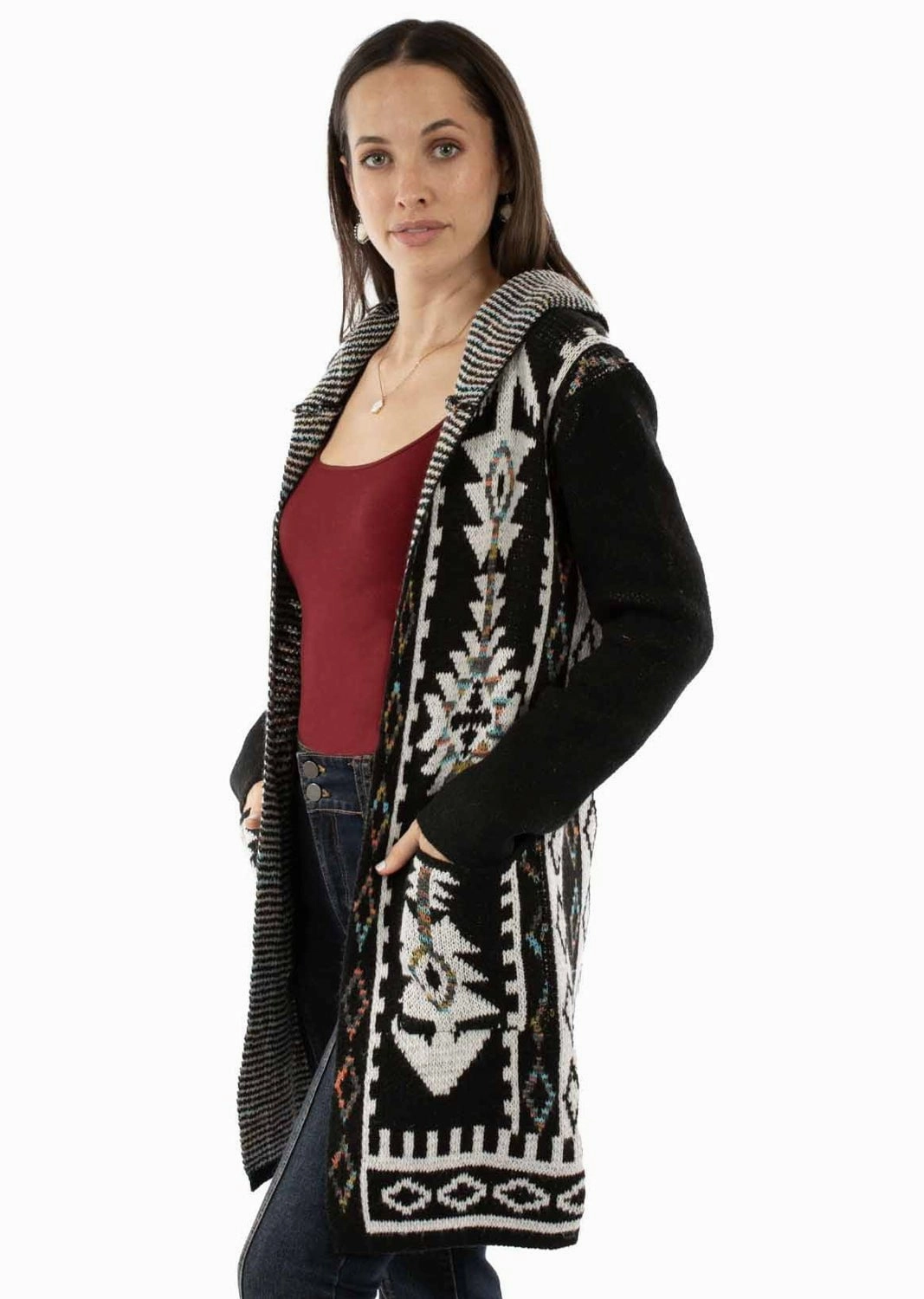 Scully Womens Hooded Asymmetric Black 100% Acrylic Duster Sweater Drop Needle Detailing