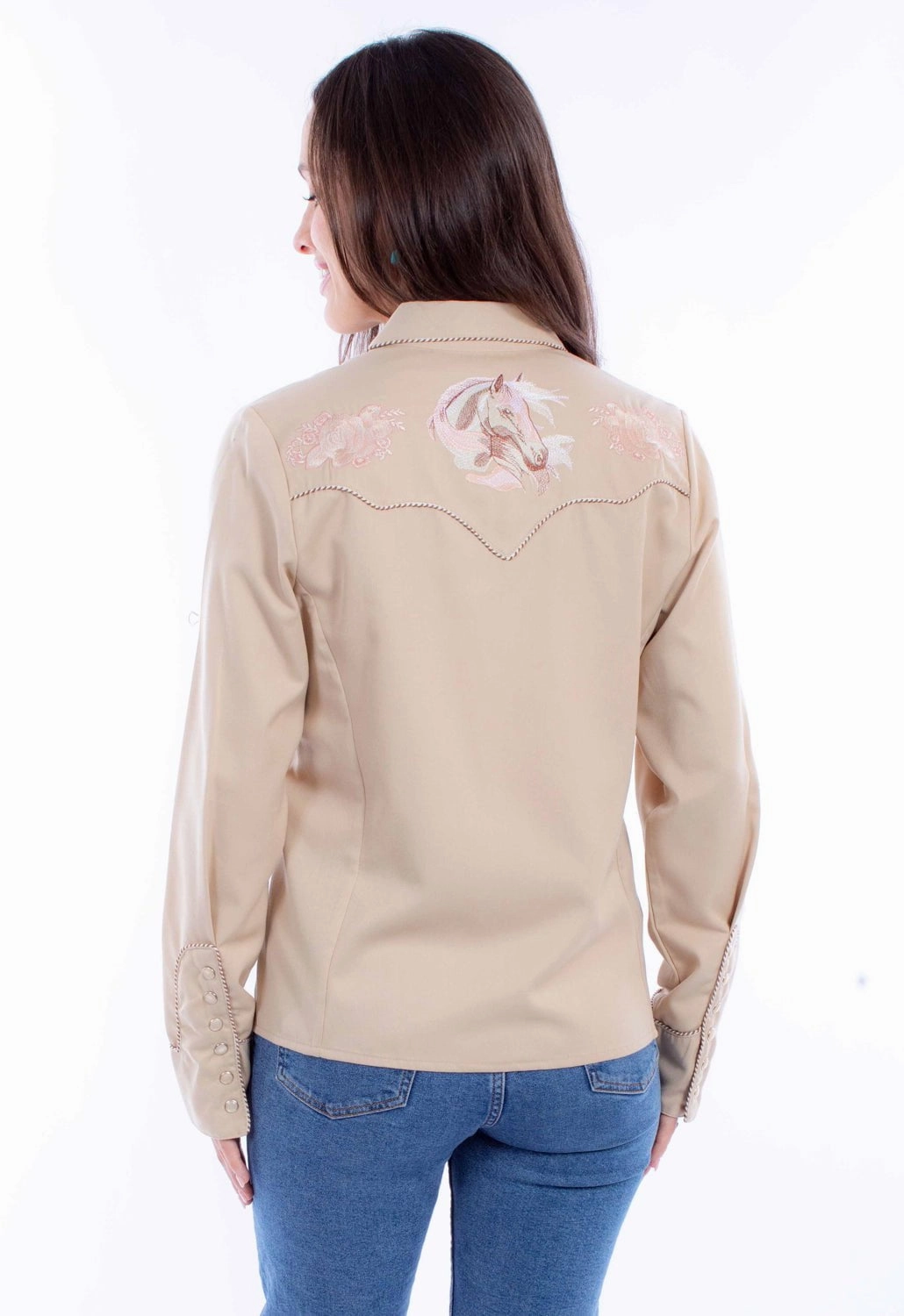 Scully Womens Horse and Rose Tan Poly/Rayon L/S Shirt networking event Stretchable Fabric